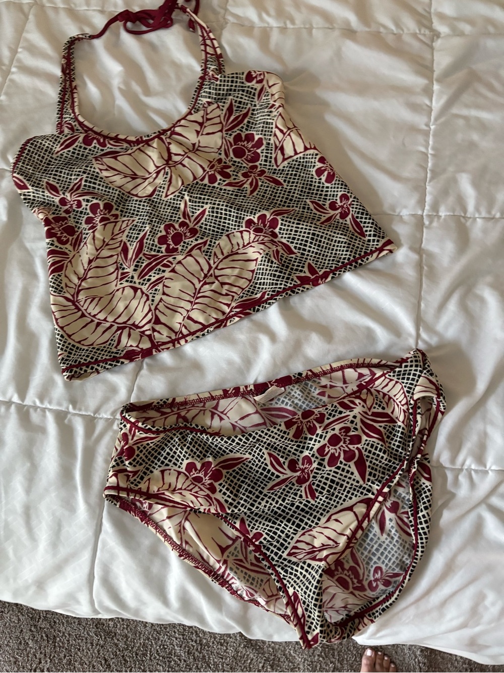 Anne Klein Cream and Burgundy Floral Swim Set
